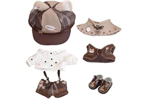 niannyyhouse 10cm 15cm 20cm Doll Clothes Brown Hat Shirt Strap Pants Shawl Vest Leather Shoes Vintage Detective Suit Soft Plush Toy Dress Up (20cm)