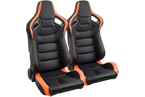 WTRAVEL Racing Seats 2 Pcs Reclinable Bucket Seats with 2 Sliders Adjustable PU Leather Seats Universal Sport Seats for Cars (Black Orange, 36.6"×21.2"×21.6")