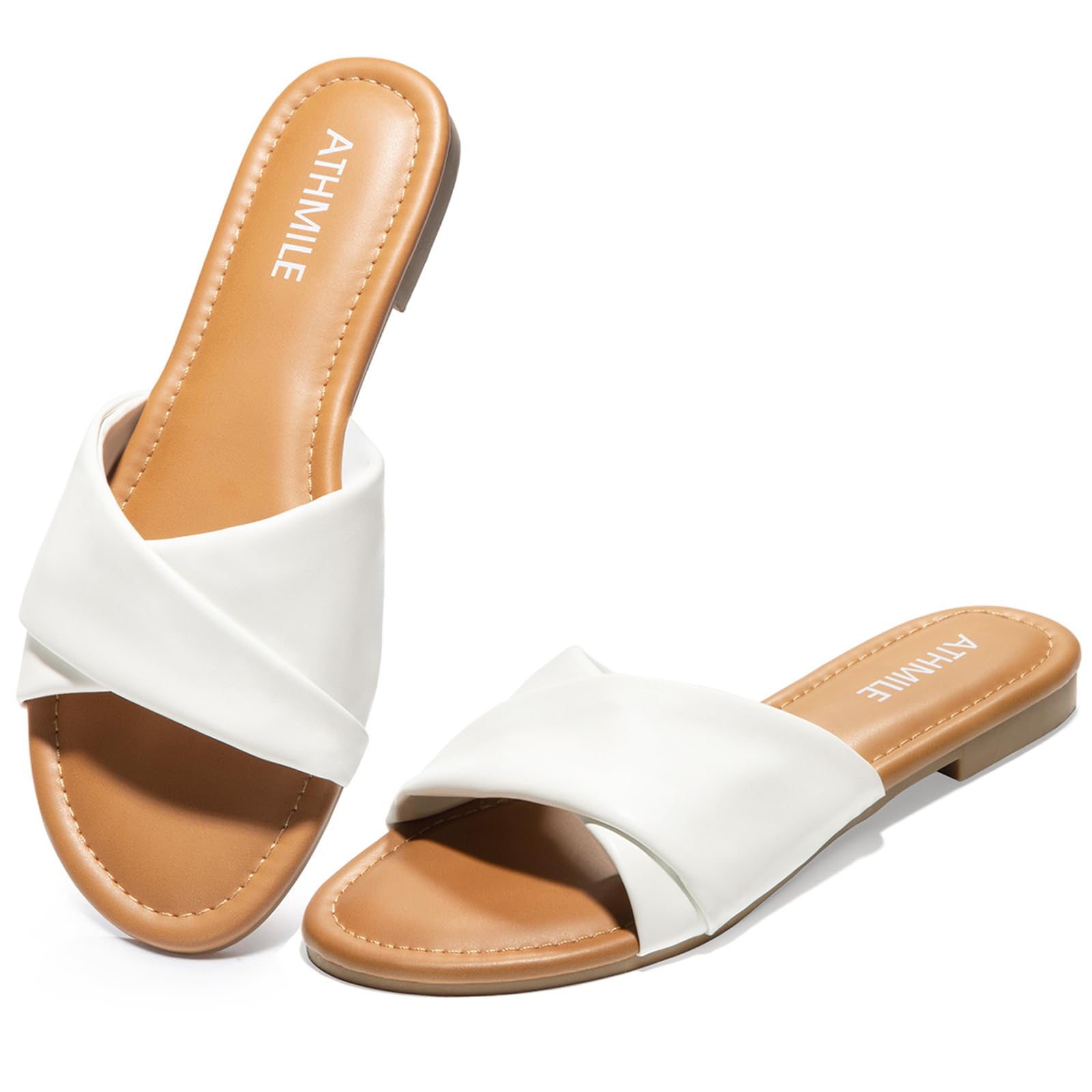 Photo 1 of ATHMILE Sandals Women Dressy Summer Flat Comfortable Fashion Beach Cute Ladies Slides Leather Casual Dress Women's Sandals 2025 White Size 9