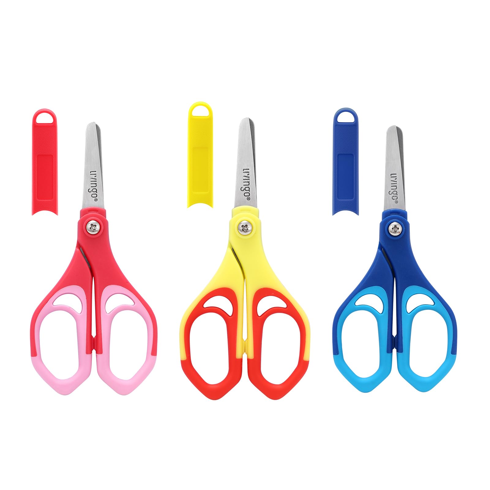 LIVINGO 5" Safety Kids Scissors: Stainless Steel Material - Protective Case (Including Name Sticker) - Hangable - Soft Rubber Handle - for Kindergarten and Primary School Craft Learning, 3-Pack