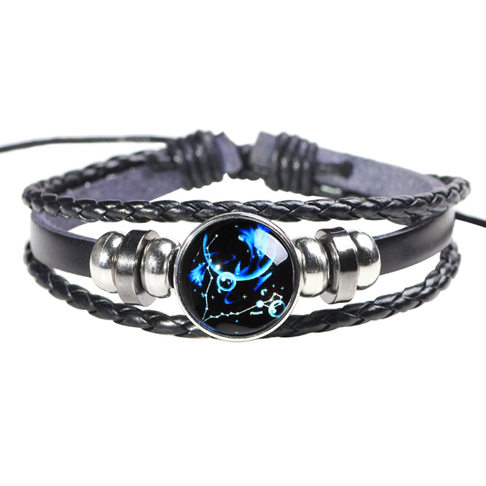 Leather Cuff Bracelet - Constellation Punk Adjustable Pisces Beaded Bangle Wristband Multilayer Braided Rope Bracelet - Leather Wristbands Chain - 8Inch & 11Inch - For Men & Women
