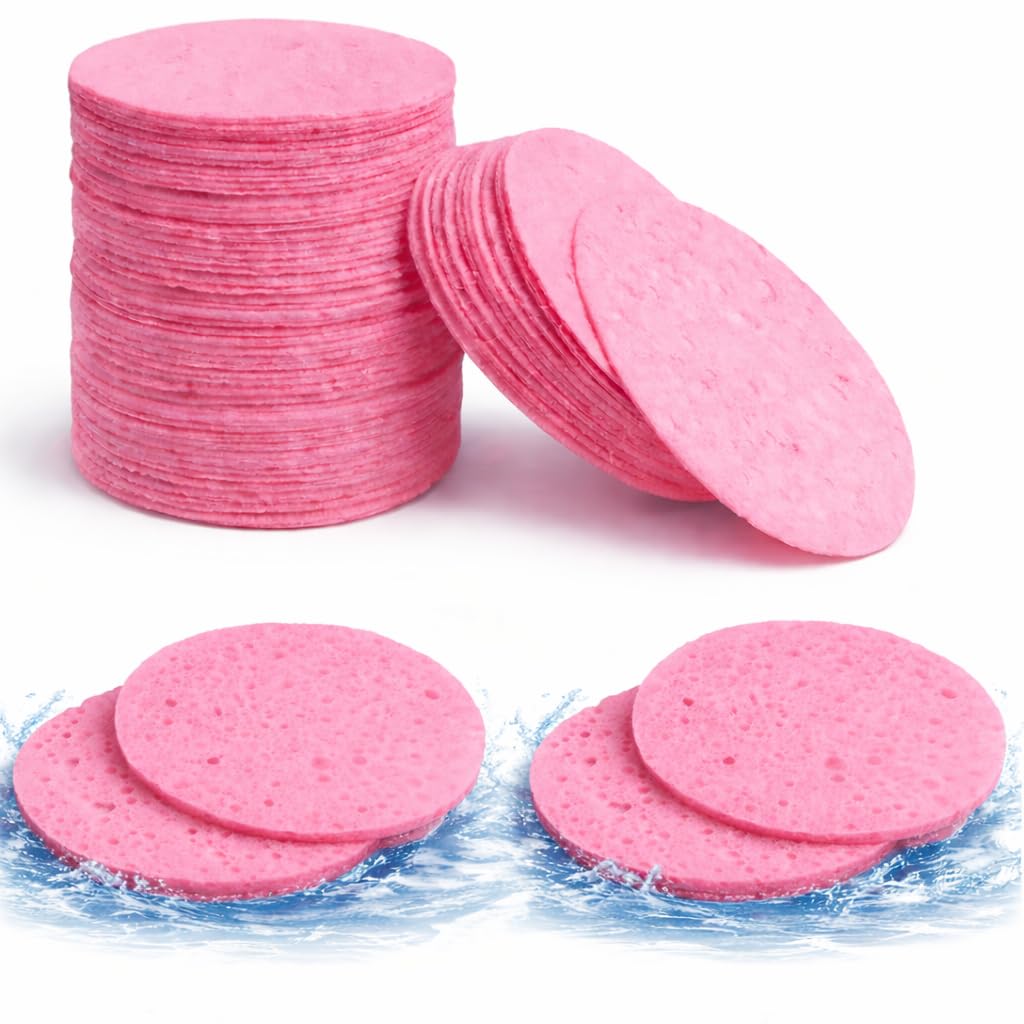 60 Pcs Compressed Facial Sponge, 60mm/2.4 Inch Natural Wood Pulp Cotton Facial Washing Sponge for Facial Cleansing, Exfoliating Mask, Makeup Removal(Round, Pink+White) (Pink)