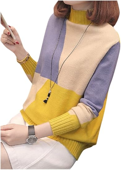 Amazon Formanism カジュアル ハーフ タートル カラフル デザイン ルーズ ニット セーター レディース イエロー M セーター 通販