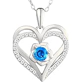Birthstone Pendant Necklace for Women, Heart Jewelry with Rose Flower Birthday Gift Idea for Wife Girlfriend Mom Friendship on Valentine‘s Day Anniversary Christmas Wedding, 925 Sterling Silver