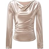 winkbay Women's Elegant Satin Cowl Neck Tops Fall Ruched Long Sleeve Evening T Shirts Business Casual Outfits