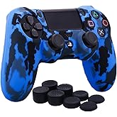 YoRHa Water Transfer Printing Camouflage Silicone Cover Skin Case for Sony PS4/slim/Pro Dualshock 4 Controller x 1(Blue) with Pro Thumb Grips x 8
