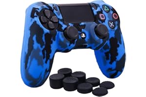 YoRHa Water Transfer Printing Camouflage Silicone Cover Skin Case for Sony PS4/slim/Pro Dualshock 4 Controller x 1(Blue) with Pro Thumb Grips x 8