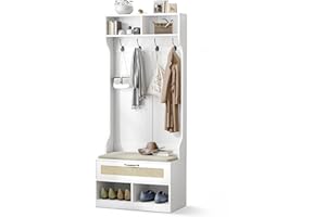 Anmytek Hall Tree with Bench and Shoe Storage, Farmhouse Entryway Bench with Coat Rack, 6 Compartments & 4 Hooks & Rattan Door, Shoe Storage Bench with Soft Cushion for Hallway, Living Room, Mudroom