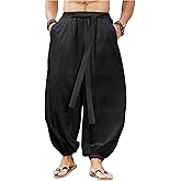 OYOANGLE Men's Harem Pants with Pocket Baggy Aladdin Hippie Loose Fit Elastic Waist Wide Leg Japanese Pants