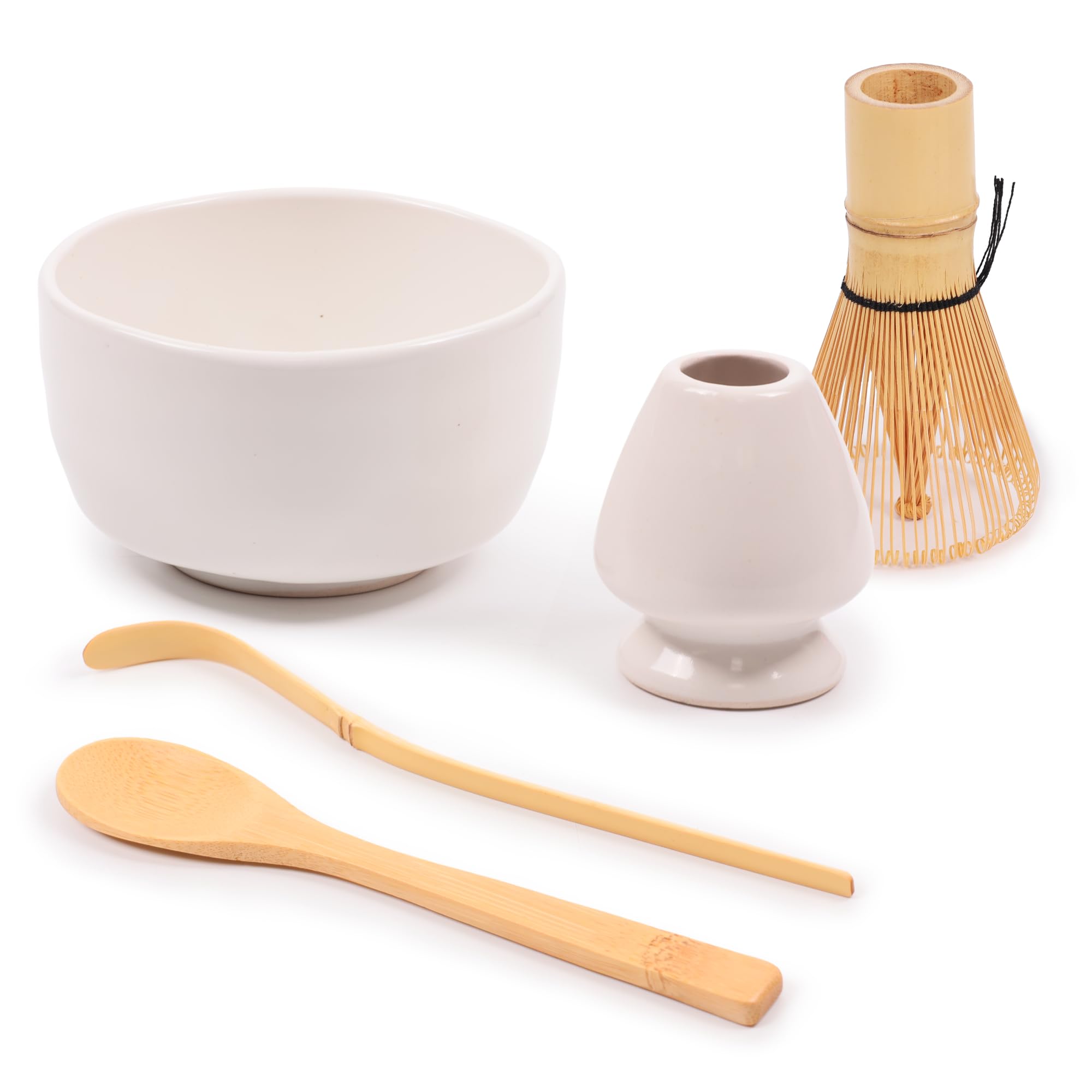 BambooMN Brand - Matcha Bowl Set (Includes Bowl, Rest,Tea Whisk, Chasaku, & Tea Spoon) 1 Set White