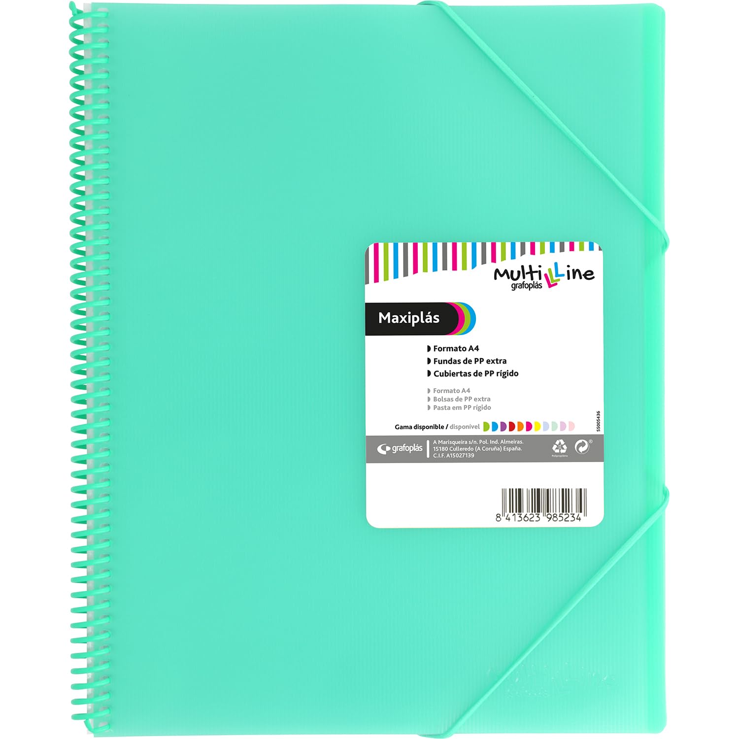 Grafoplás Plastic Folder A4 Mint Green 40 Transparent Sleeves Made of Extra Polypropylene Spiral PVC Multiline Maxiplas Perfect for Archiving Documents and Notes
