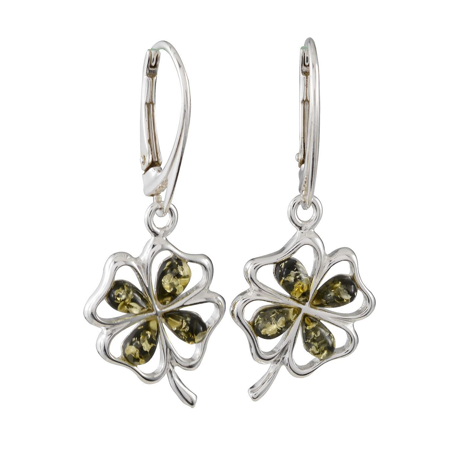 Sterling Silver and Baltic Amber French Leverback Green Amber Earrings Shamrock
