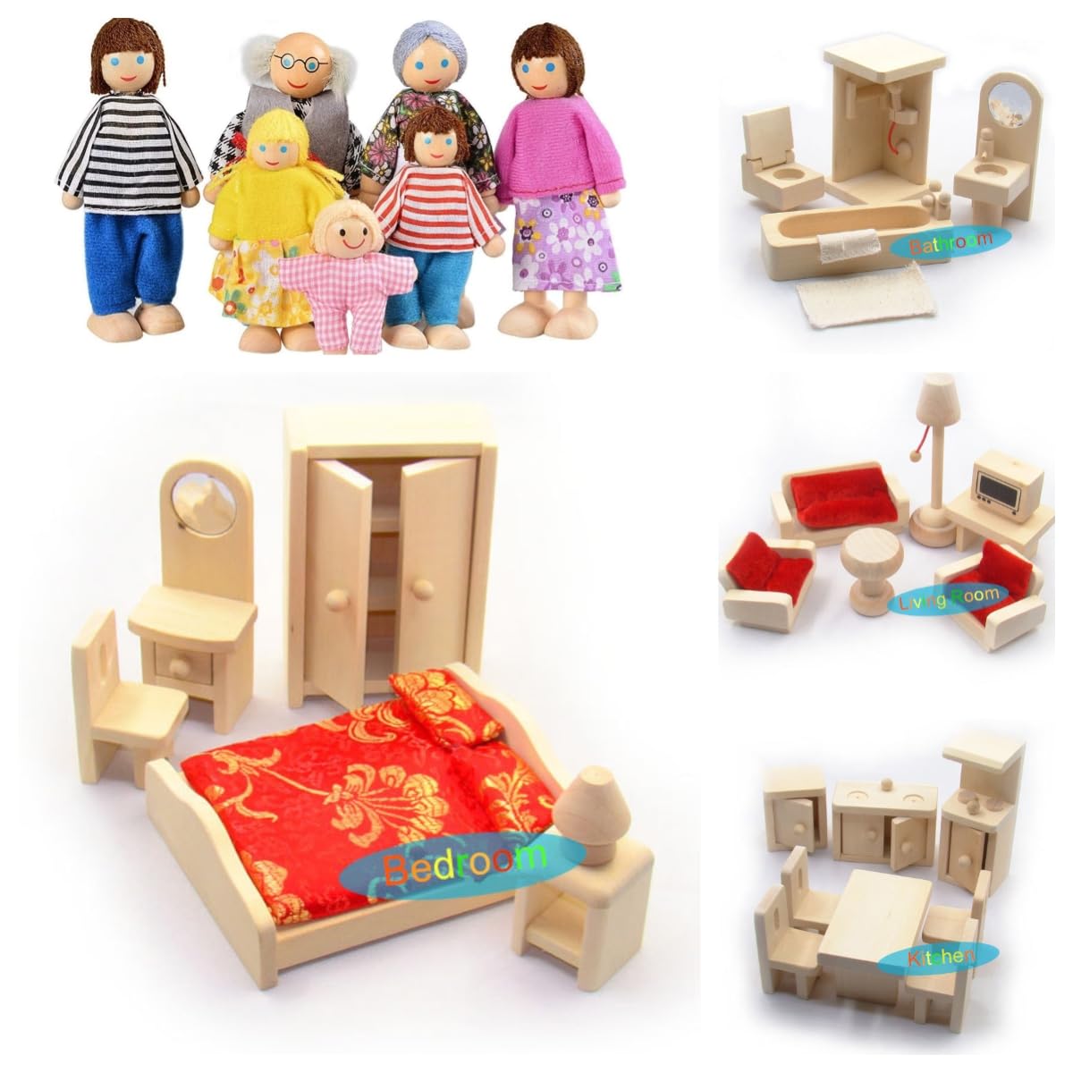 DecoBay Wooden Dolls House Furniture 4 Sets Bedroom, Kitchen, Bathroom and Living Room with Family Dolls Play Set for Kids (4 Sets of Rooms and 7 Family Dolls)
