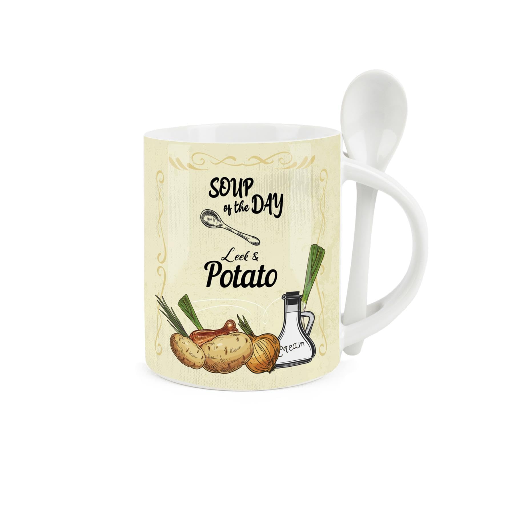 Purely Home Soup Mug and Spoon Set - Leek and Potato Soup of The Day - Ceramic White and Green Soup Mug with Spoon in Handle