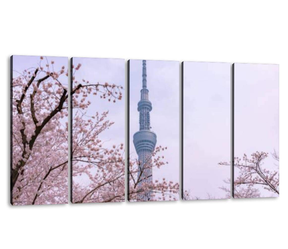 KiiAmy 5 Panels Art Wall Decor View of Tokyo skytree Tower at sumida Park Cherry Blossoms at Night A