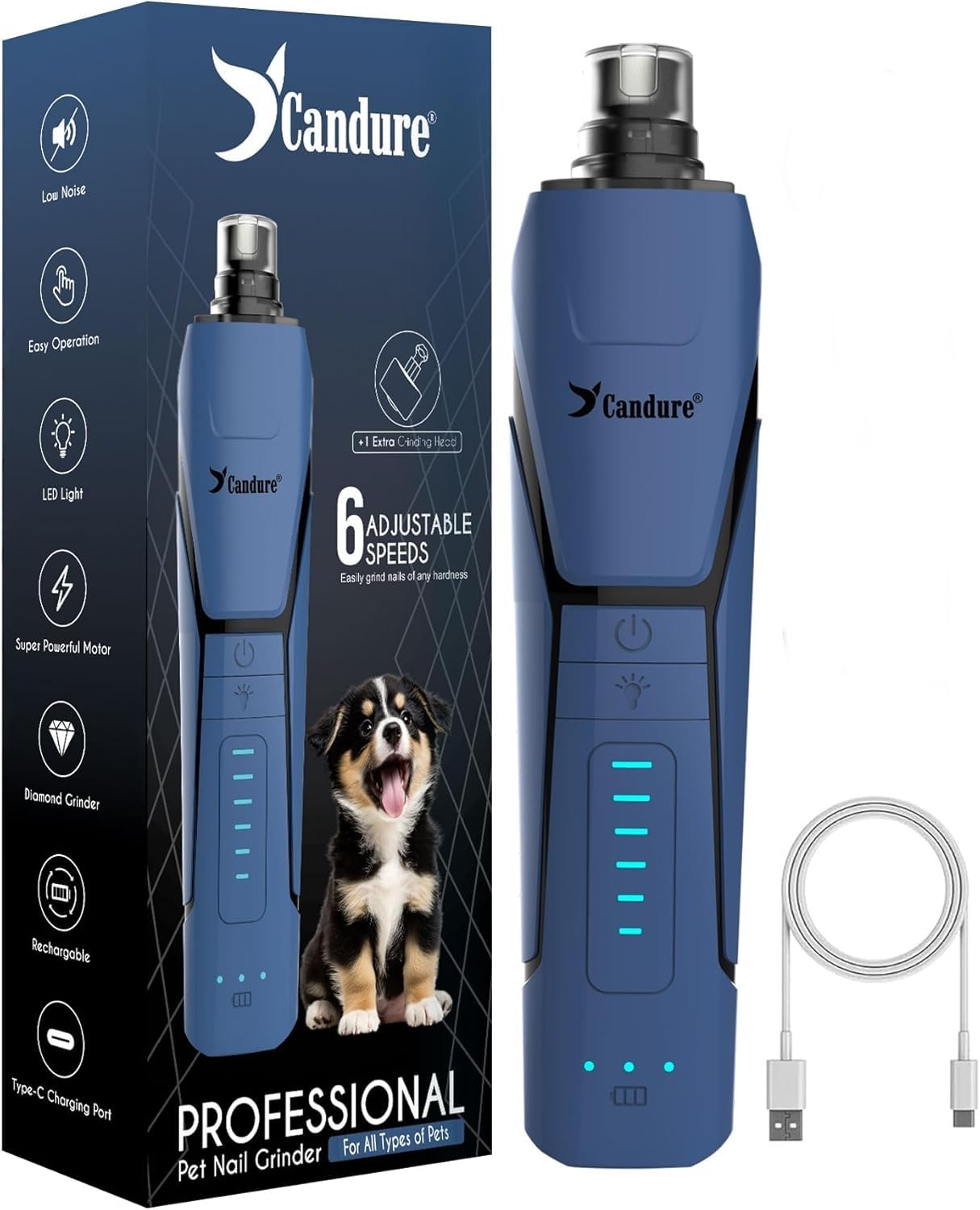 Candure Dog Nail Grinder Upto 6-Speed Dog Nail Trimmer for Large, Medium, Small Dogs, Cats & Pets - Low Noise Rechargeable Dog Claw Grinder with 360° LED Lights & Extra Grinder Head Image