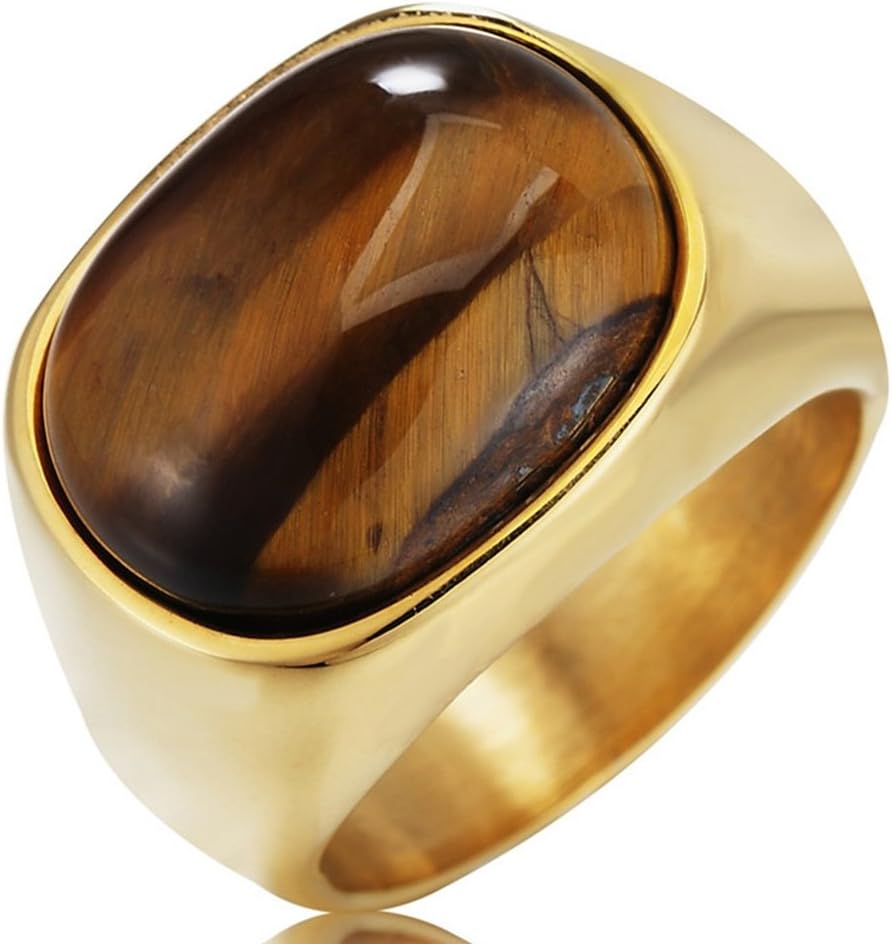 SAINTHEROMen's Vintage Stainless Steel Band Rings Created Tiger Eye Stone Punk Biker Rings Size 7-13