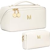 CLOUDWINGS Birthday Gifts for Women Teen Girl, Personalized Initial Makeup Organizer Bag Set, Open Flat Travel Cosmetic Bag With Clear Divider and Handle(Beige,M)