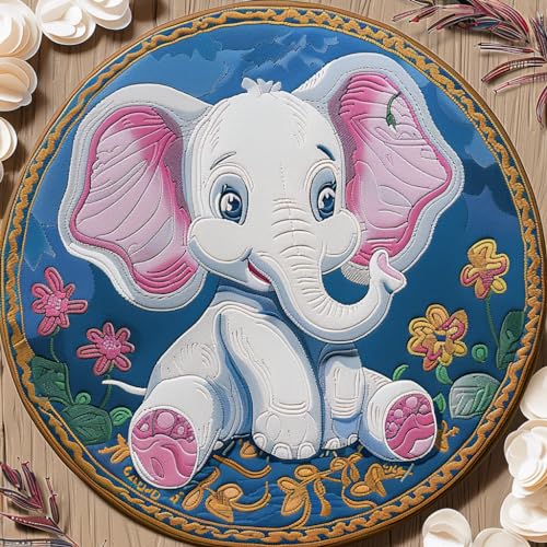 Round Shape Latch Hook Rug Kits White Elephant for Adults Beginner Needle Crochet Yarn Kits Embroidery Carpet Hook and Latch Kit Cushion Christmas Home Decoration 45x45cm (ZD164)