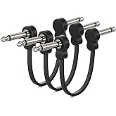 voltrish 3-Pack Guitar Pedal Cables, 5-Inch Right-Angle 1/4" TS Patch Cords | 3 flat 5-inch cables with dual shielding, nickel 1/4" TS plugs and strain relief for compact guitar or bass pedalboards.