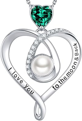 Amazon Com June Birthstone Pearl Necklace For Wife Birthday Gifts Mom Women I Love You To The Moon And Back Sterling Silver Emerald Jewelry Jewelry