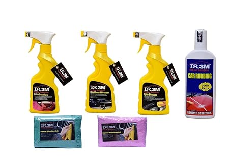TYRE Dresser 250ML.+Leather Dresser 250ML+Dashboard Dresser 250ML.+CAR RUBBING 100GM+ 2pc.CAR Microfiber Cloth Pink, Green.