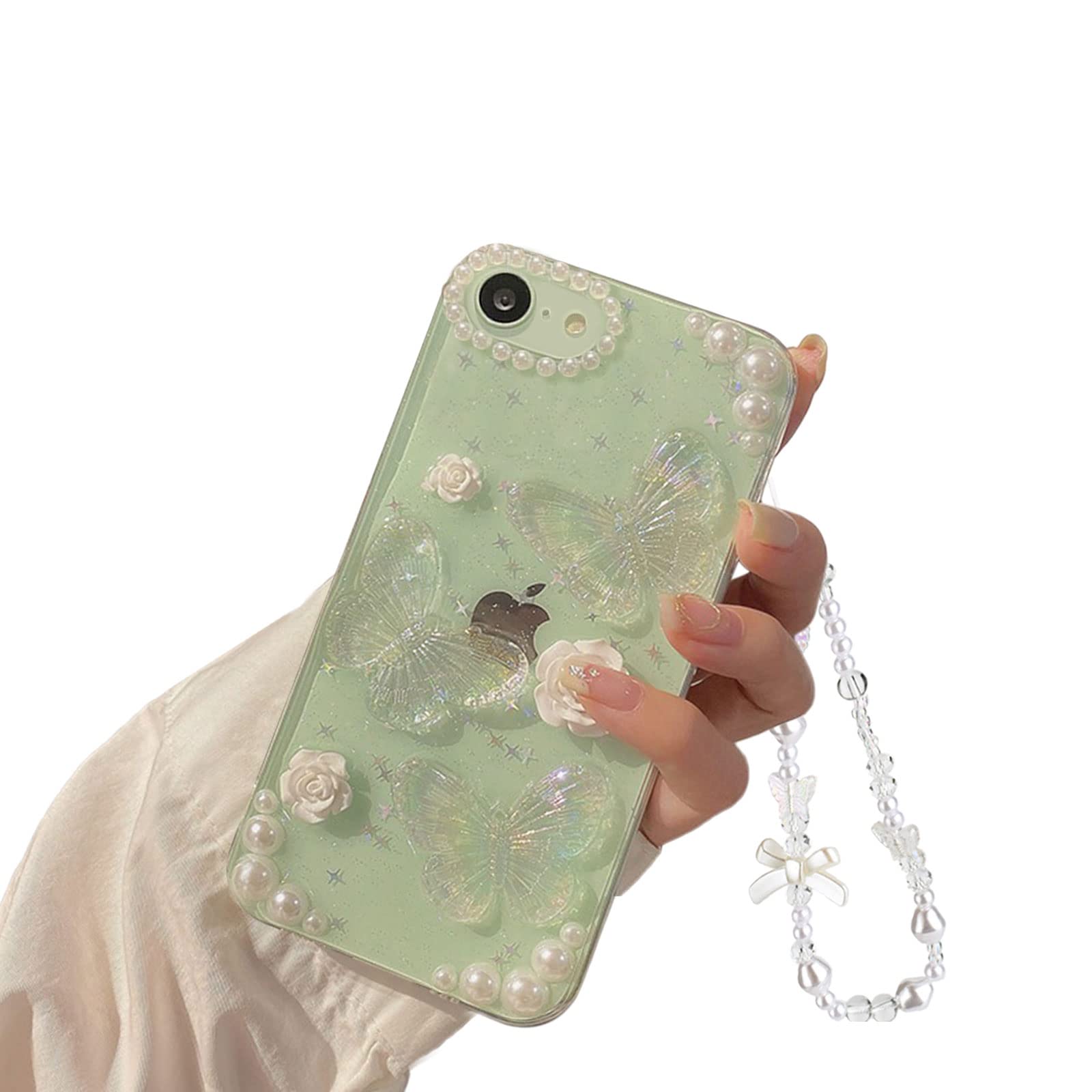 Photo 1 of Fycyko Compatible with iPhone 7/8/SE 3D Butterfly Floral Clear with Design Aesthetic Women Teen Girls Glitter Pretty Crystal Sparkle Sparkly Cute Girly Phone Cases Protective Cover+Chain-Clear