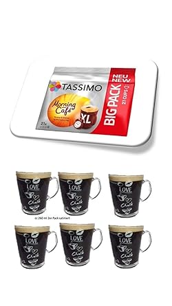 Tassimo Morning Café XL, Kaffee Kapseln + 6 Glastassen mit Henkel 260cc