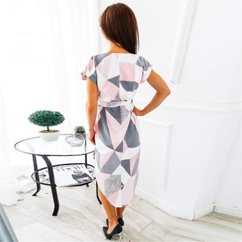 LitBud Womens Summer Dresses for Women Ladies Short Sleeve Casual Work Party Belted Shift Midi Tunic Dress Pink Size 4 S Back to School