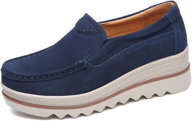 Amazon Lucyever レディース 本革 モカシン ローファーフラットシューズ レディースシューズ ウエッジソール レザースニーカー コンフォートシューズ 靴 22 5 Cm ダークブルー ローファー スリッポン