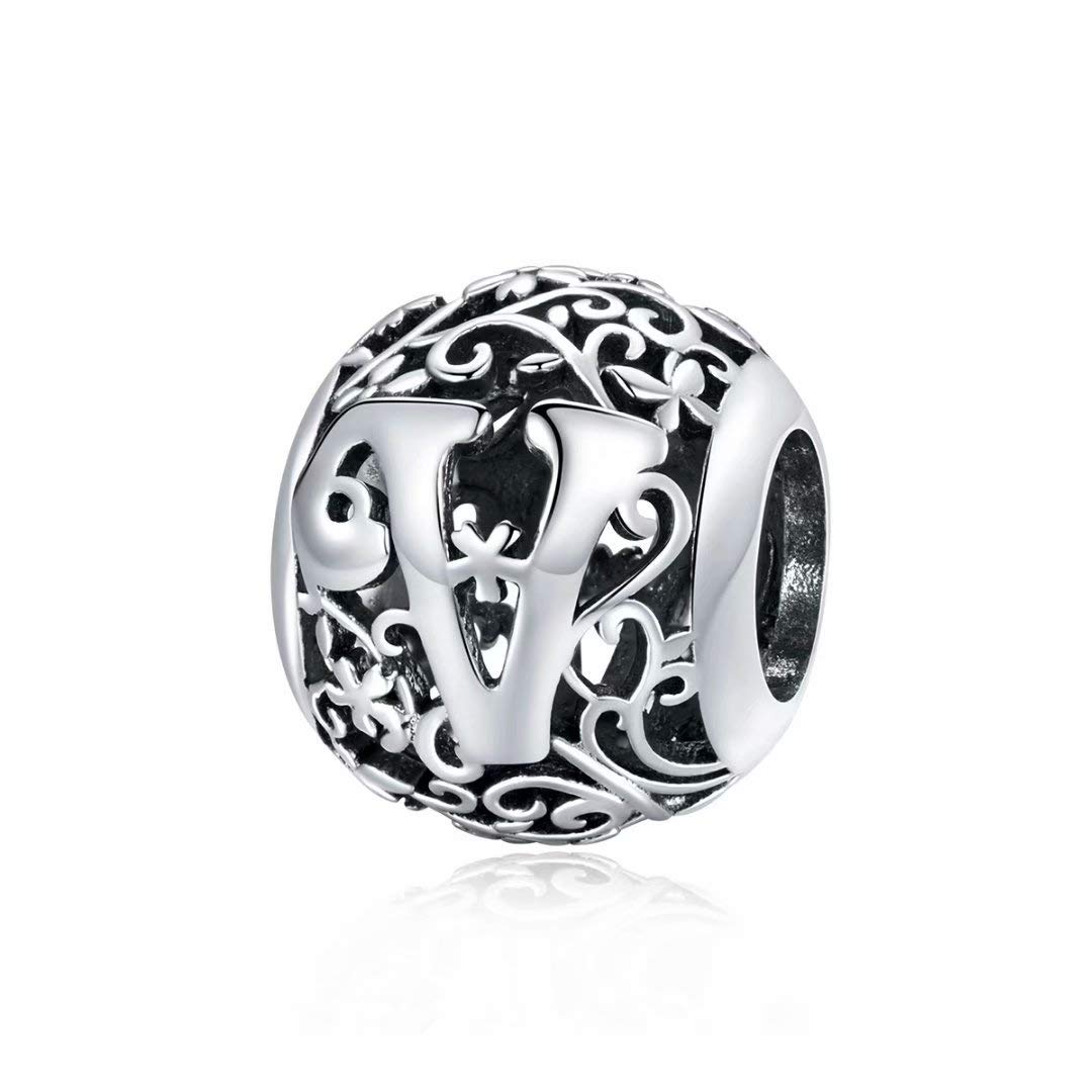 Qings Letter Beads V Alphabet Charm 925 Sterling Silver Charms for Bracelets Necklace Compatible Openwork Initial Bead Charms Round Letter Beads Birthday Gift for Women Girls