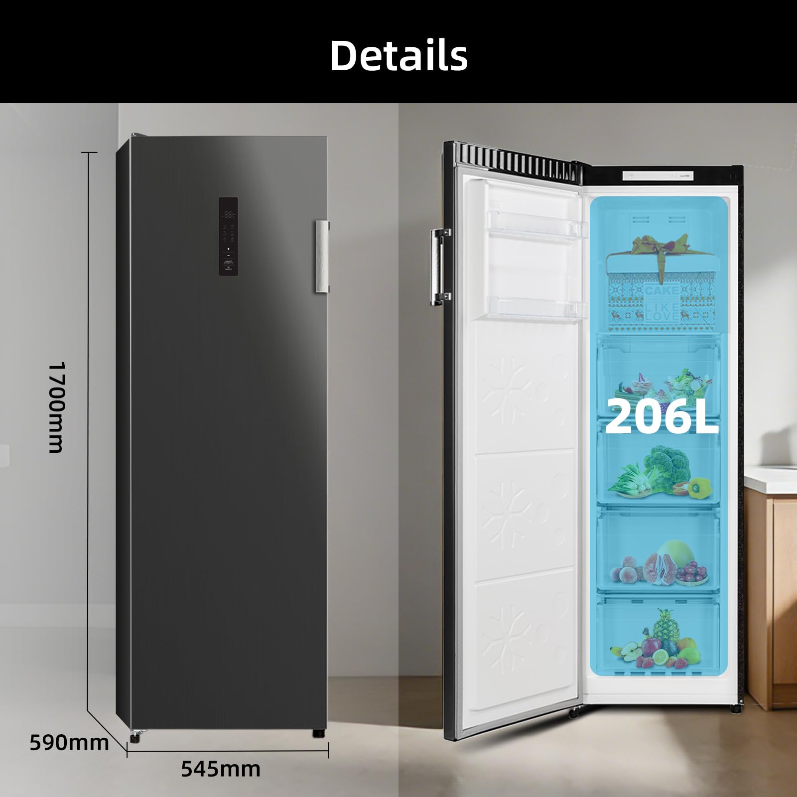 CHIQ Gefrierschrank, Kühlschrank, No Frost, 206L, 170 cm | Schnellgefrieren, Flexible Kühl- und Gefrierfunktion | -32°C Ultra-Niedrig, Tiefkühlschrank groß mit Touchdisplay, 178kWh/Jahr, CSD206NEID 2