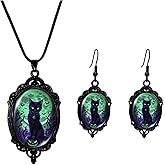 Frodete Gothic Black Cat Jewelry Set for Women Halloween Necklace and Earrings Dark Aesthetic Witchcore Punk Accessories Spooky Season Cat Pendant Alternative Fashion Gothic Costume Jewelry
