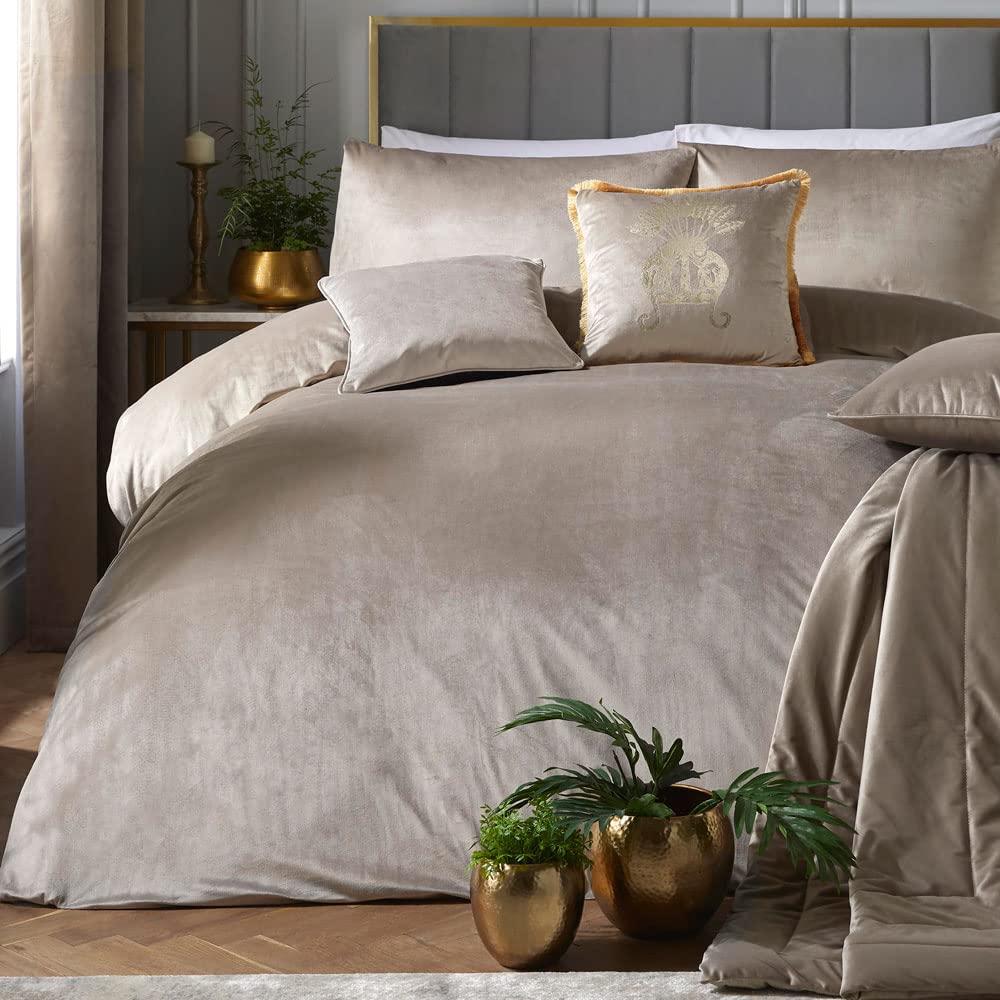 Laurence Llewelyn-Bowen Linen Beige Velvet Duvet Cover Set – Double Size 200x200cm – 2 Pillowcases – Designer Soft Touch Bedding – Luxury Linen Pearl