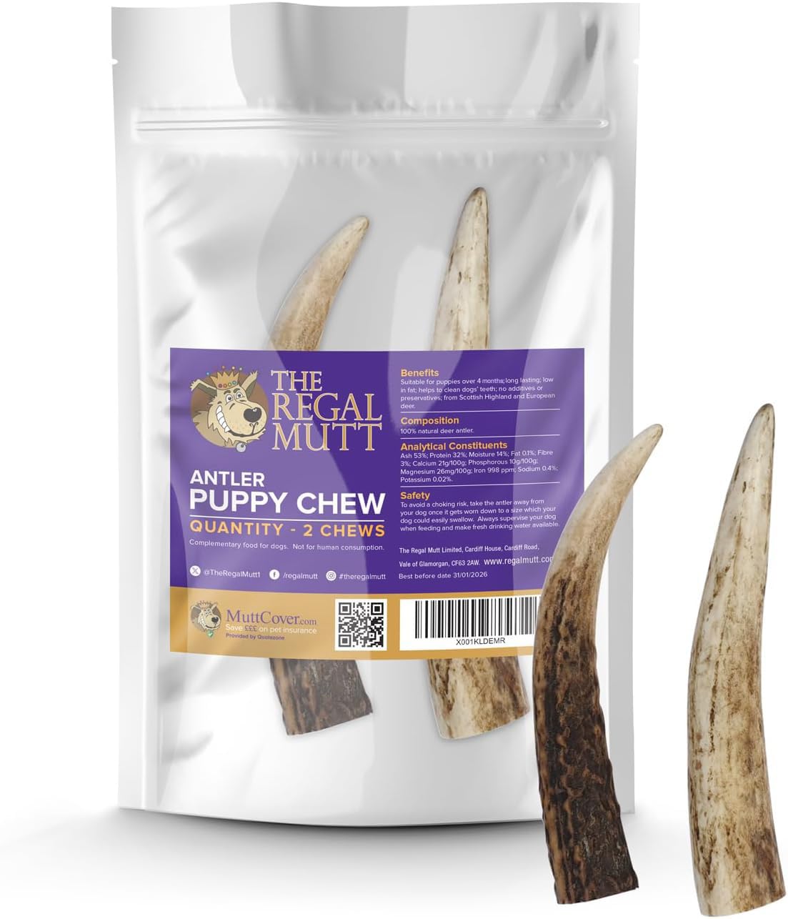 The Regal Mutt - Antler Puppy Chew - Bag of 2 - Suitable for Puppies & Smaller Dogs