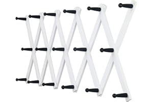 Dseap Accordian Wall Hanger: 16” High Wooden Wall Expandable Coat Rack, Hat Rack Holder, Accordion Hook for Baseball Caps, Coats, Mugs,17 Peg Hooks, White & Black