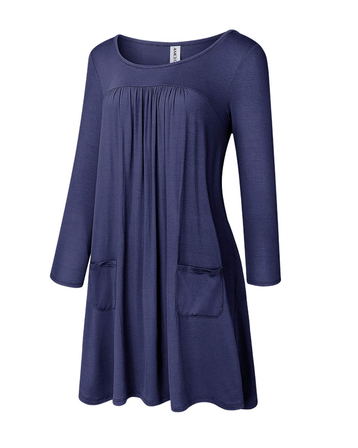 AMCLOS Womens Dress Plus Size Swing Simple Ruffle with Pockets Loose Casual Plain Round Neck Dresses Long Sleeve (Large, Royal Blue)