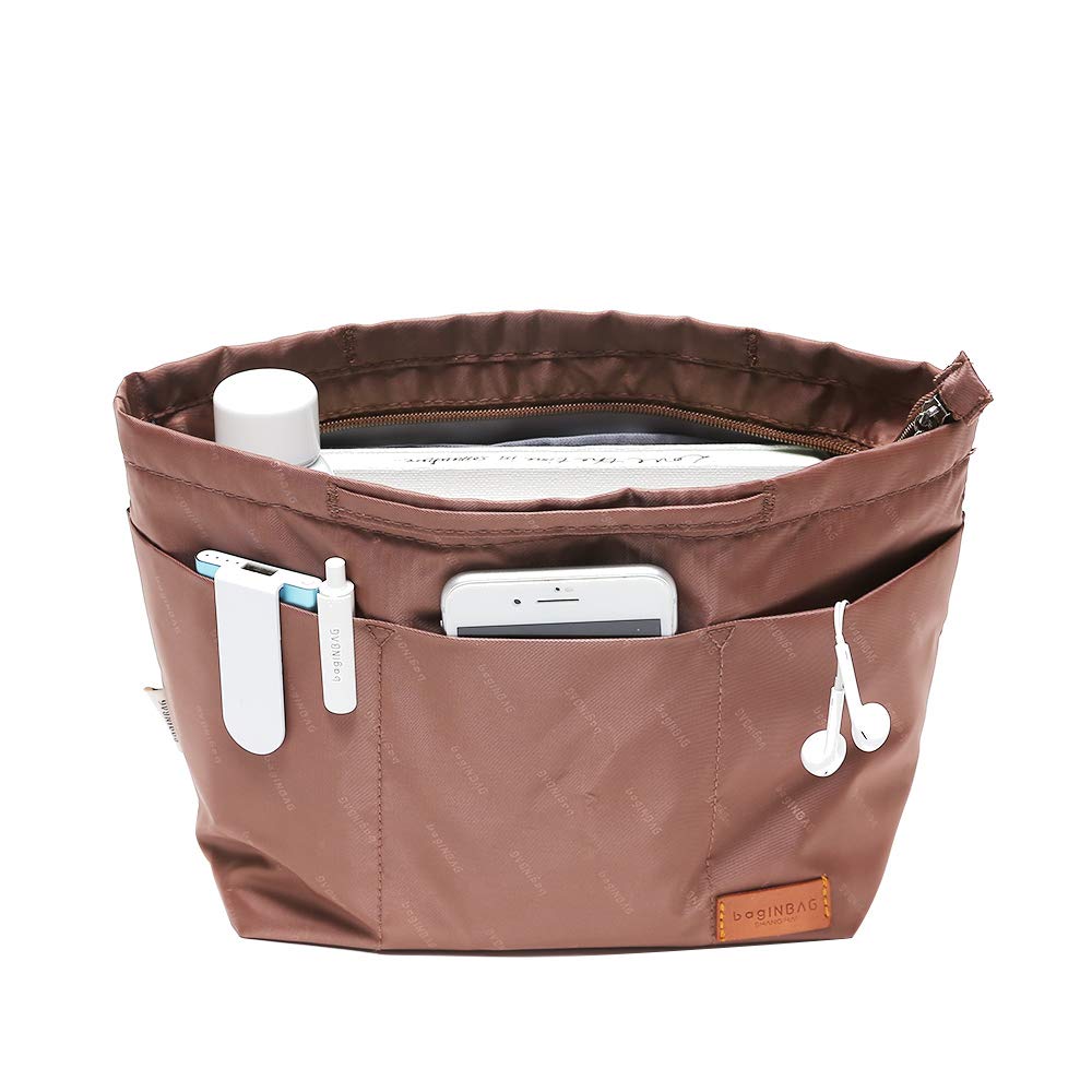 Photo 1 of iN. Purse Organizer Insert with zipper, Nylon fabric Storage Bag with handles, for womens Handbags & Tote bags, neverfull, lightweight large sized Brown