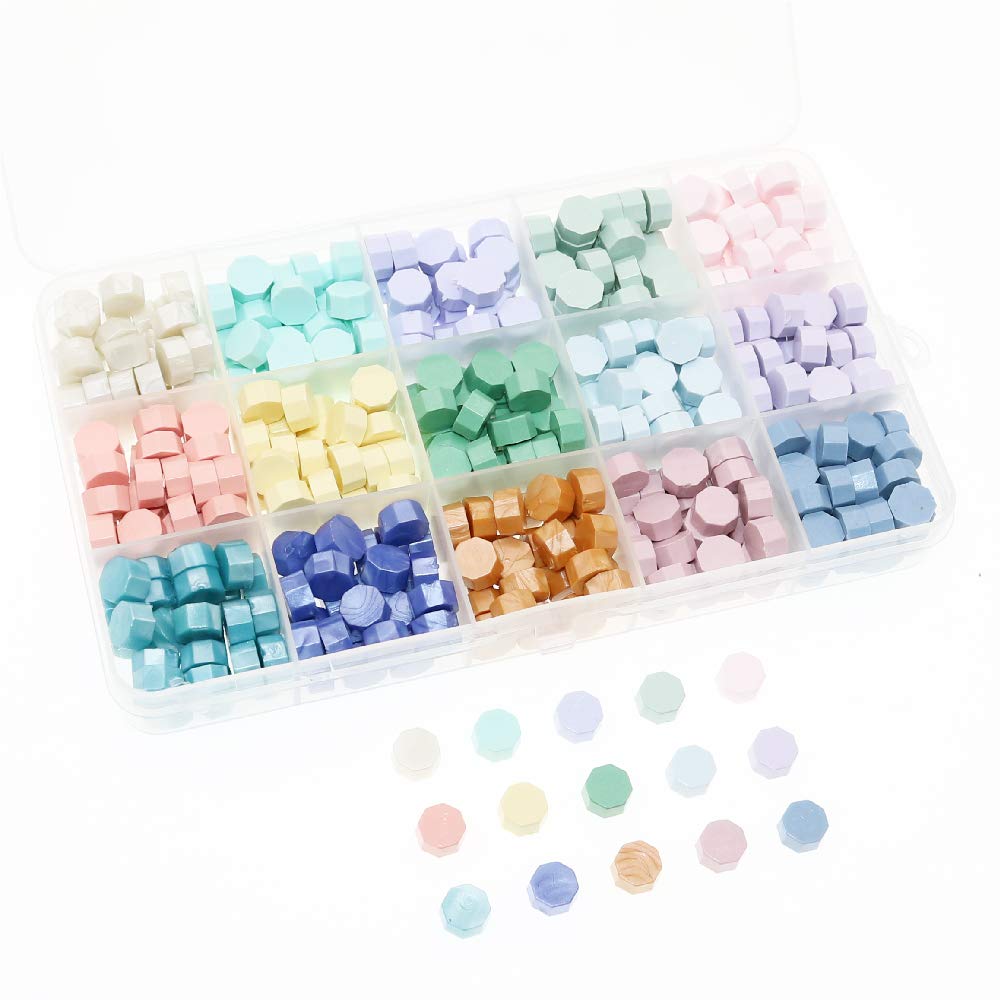 BITEYI Sealing Wax Beads,Octagon Sealing Wax Beads for Wax Stamp Sealing Letter and Vintage Wedding Invitation Decorative,15 Colors,375 pcs (Light Color)