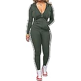 Hakubeby Women 2 Piece Outfits Casual Workout Sets Striped Bodycon Tracksuit Zip Up Long Sleeve Hoodle Jacket Jogger Pant Set