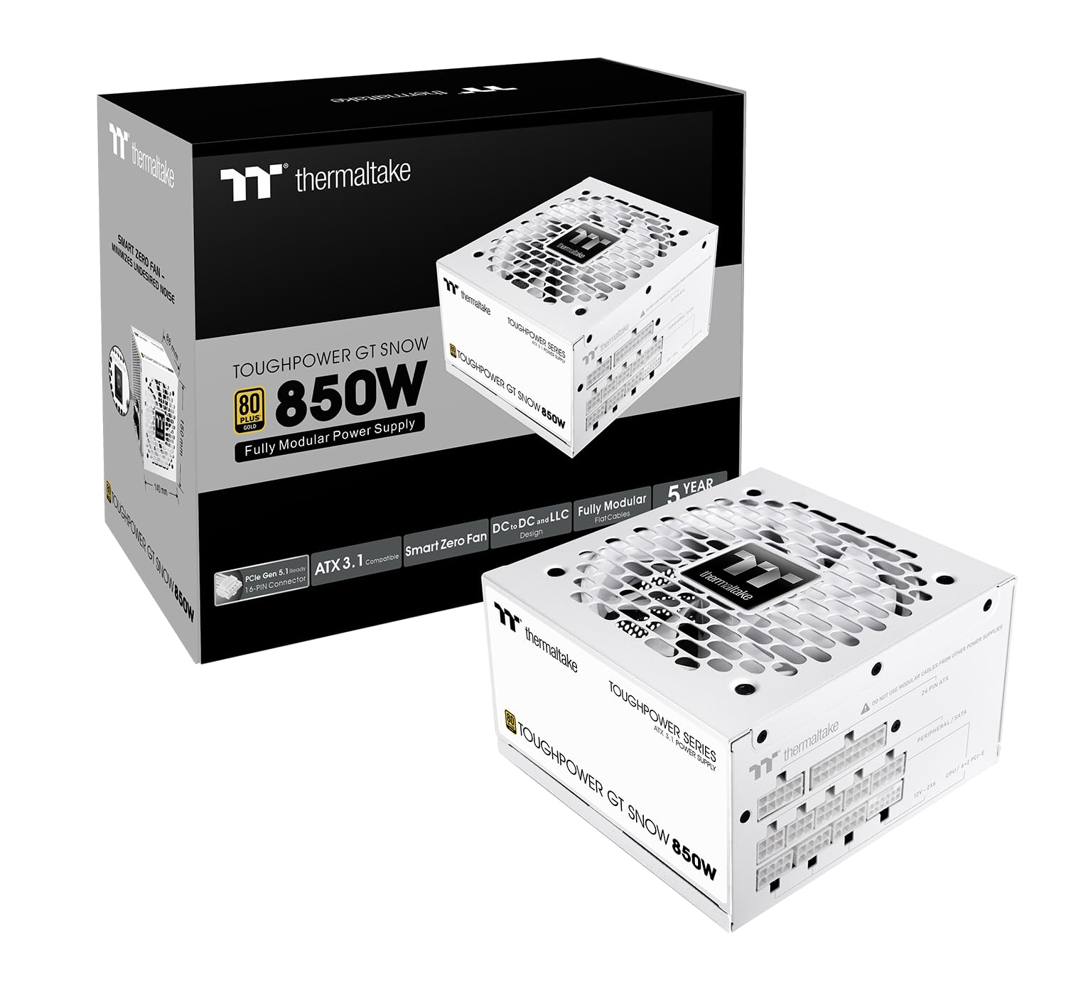 Photo 1 of Thermaltake Toughpower GT 850W Snow ATX 3.1 Power Supply; 80 Plus Gold Efficiency; Smart Zero Fan; Native 600W PCIe 5.1 Connector; PS-TPT-0850FNFAGU-W; 5 Year Warranty