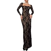 Verdusa Women's Wedding Guest Dress Elegant Floral Lace Split Bodycon Long Sleeve Dress