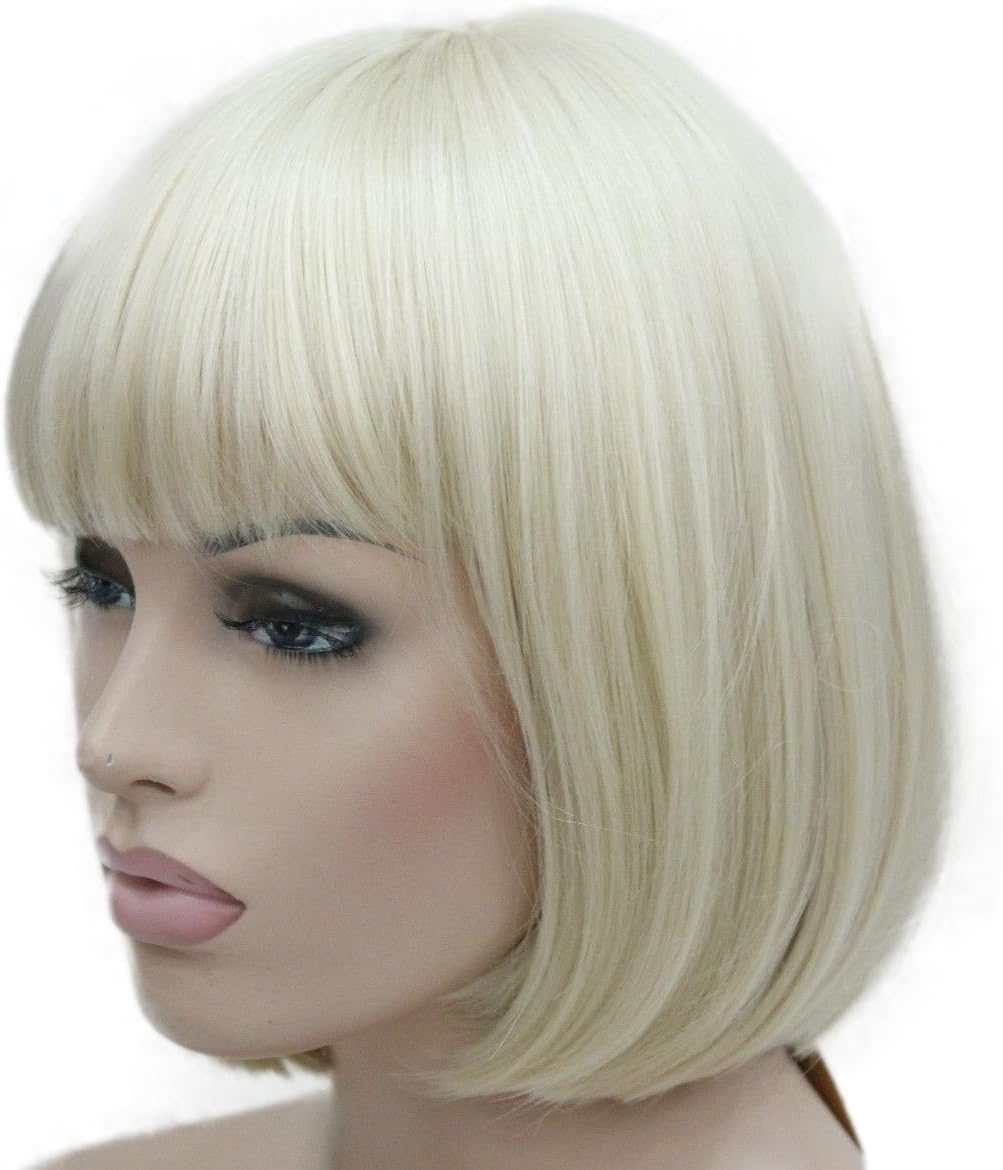 Lydell 8" Straight Short Bob Hair Flat Bangs Cute Central Dot Skin Top Heat Resistant Synthetic Wigs Pale Blonde - Image 4
