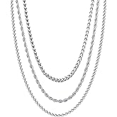 B-JWYFY 3 Pack Mens Chain Necklace, 3mm Silver Stainless Steel Rope Chain Wheat Chain and Franco Square Chain Necklace Set for Men and Women Jewelry Gifts