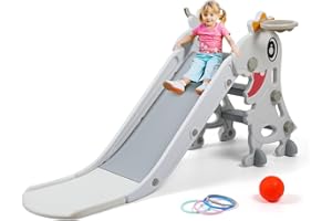 BFAZKXY Indoor Slide for Toddlers 1-3, Foldable Kids Toddler Indoor Slide Playset, Indoor and Outdoor Playground, Toddler Climber Playset with Basketball Hoop and Ring Toss(White)
