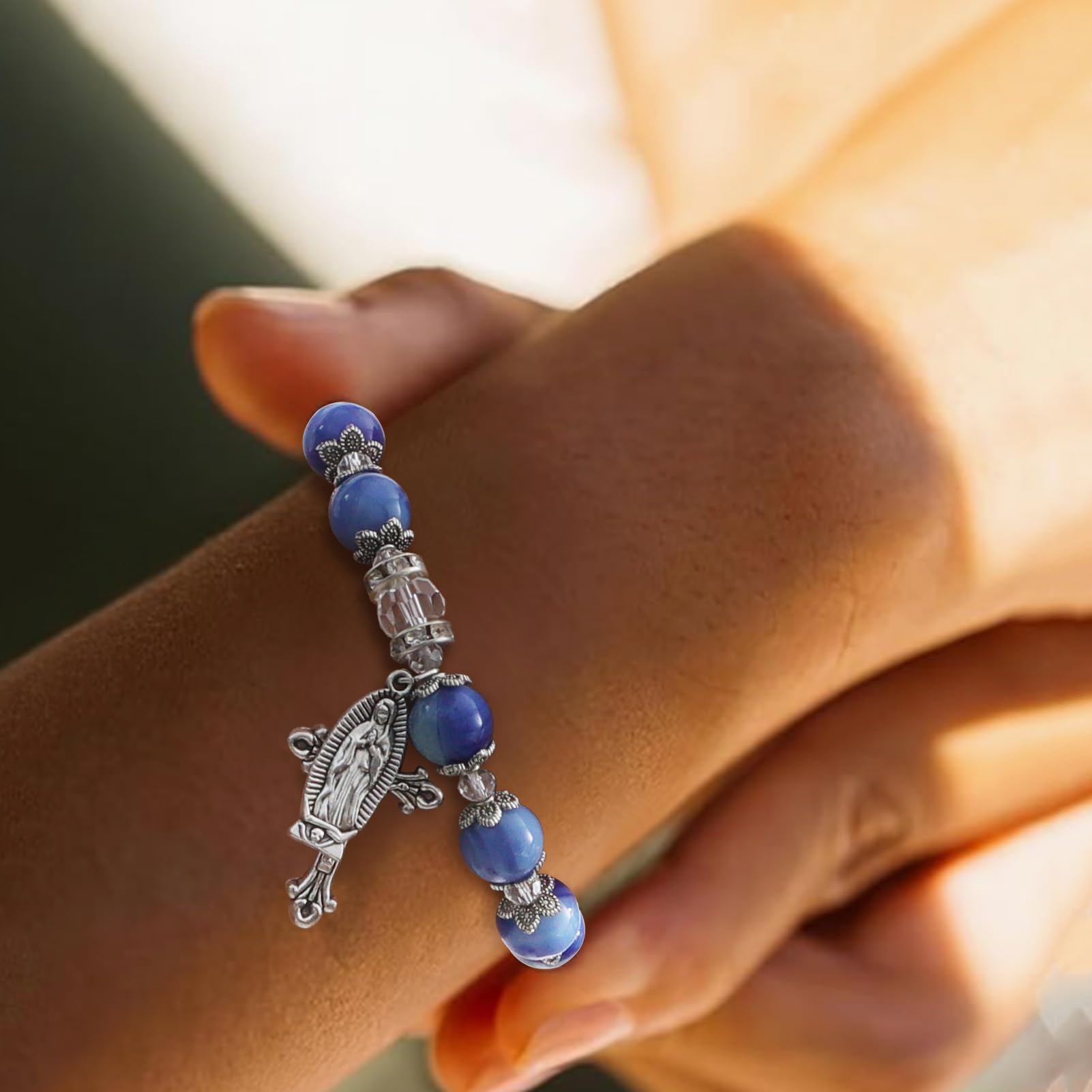 KOMI Gemstone Beaded Stretch Bracelet 8mm & 10mm Beads Rosary Bracelet with Crucifix Cross, Beads Bracelet for Women & Men Catholic Religious Jewelry