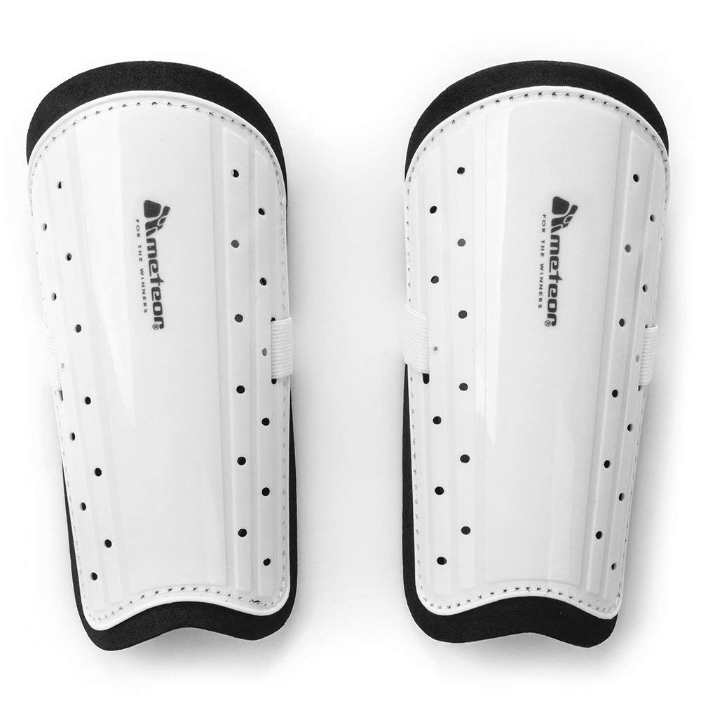 Meteor Shin pads for kids – Lightweight Football Protection with EVA Foam Padding, Ventilation Channels & Adjustable Strap – Shin Guards for Training & School Use - Size XS - Colour: White