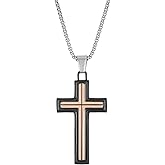 Metro Jewelry Stainless Steel Cross Pendant Necklace for Men with Black and Rose Ion Plating on 24 Inches Long Box Chain with Lobster Claw
