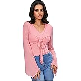 Verdusa Women's Y2k Bell Sleeve V Neck Mesh Going Out Crop Top 2000s Whimsical Clothes