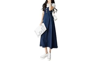 CHARTOU Women's Elegant Straps Back Smocked A-Line Long Skirt Denim Overall Pinafore Dress